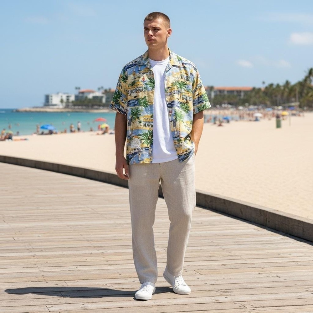 Vintage 90s Chaps Ralph Lauren Shirt M Blue Yellow Tropical Beach Retro